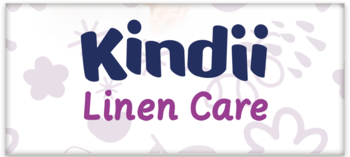 Logo Kindii Linen Care do patyczk3w higienicznych: ciemnoniebieskie Kindii, fioletowe Linen Care na jasnym tle.