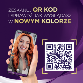 Skanuj QR kod, by wypróbować kolor włosów np. Intensywna Miedź. Telefon z modelką na ekranie.