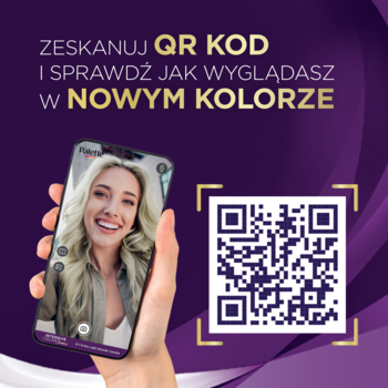 QR kod i smartfon z blondynką na fioletowym tle, by wirtualnie przymierzyć nowy kolor włosów Palette.