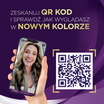 Wirtualna koloryzacja Schwarzkopf: kobieta z blond włosami na ekranie telefonu, obok QR kod do aplikacji.