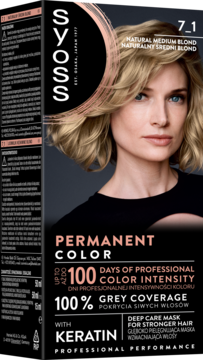 Syoss 7-1 Natural Medium Blond trwała farba do włosów, opakowanie z blond modelką, 100% pokrycia siwych.