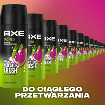 Rząd zielonych dezodorantów AXE Epic Fresh 48h, widok butelek z różowym wzorem, przód w ostrym zbliżeniu.