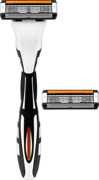 BIC Hybrid 5 Flex maszynka do golenia z 5 ostrzami, czarno-biała z pomarańczem, widok z przodu, z dodatkowym wkładem.