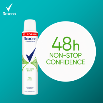 Rexona Aloe Vera antyperspirant w białym sprayu, widok z przodu, obok w białym okręgu zielony napis 48h.