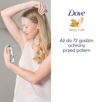 Kobieta aplikuje antyperspirant Dove Advanced Pear & Aloe Vera w sprayu; widok z boku, tekst o 72h ochronie.