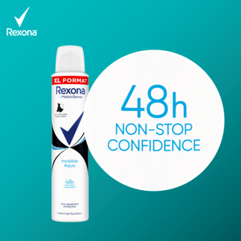 Biały antyperspirant Rexona Invisible Aqua 48h na turkusowym tle z dużym napisem "48h NON-STOP CONFIDENCE".