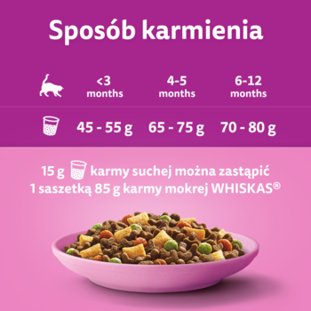 WHISKAS Junior karma sucha: tabela karmienia kociąt i różowa miska z granulatem na fioletowym tle.