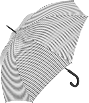 Parasolka premium, otwarta, z czarno-białym deseniem w paski, czarna rączka, odporna na wiatr, widok pod kątem.
