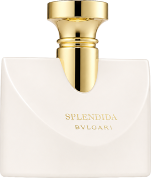 Perfumy Bvlgari Splendida Patchouli Tentation: elegancka biała butelka ze złotym, falowanym korkiem, widok z przodu.