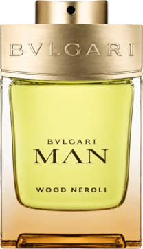 Bvlgari Man Wood Neroli EDP, butelka z jasnozielonym płynem, złotym korkiem i detalami, widok z przodu.