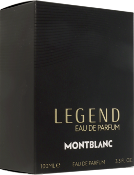 Eleganckie, czarne opakowanie Montblanc Legend Eau de Parfum z widocznym złotym napisem i białym logo, ujęcie z przodu pod kątem.