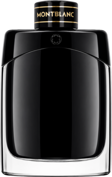 Montblanc Legend EDP dla mężczyzn, elegancka czarna butelka ze złotym napisem i logiem, widok z przodu.