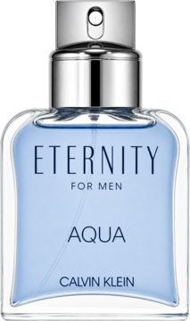 Świeża woda toaletowa męska Calvin Klein Eternity for Men Aqua. Błękitna szklana butelka z metalową srebrną nakrętką, widok z przodu.