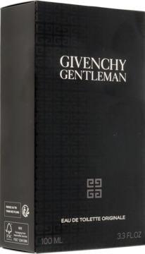 Matowe czarne pudełko Givenchy Gentleman Eau de Toilette 100ml, widok z przodu i boku, z logiem.