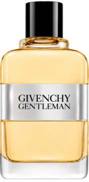 Givenchy Gentleman woda toaletowa, prostokątna butelka z bursztynowym płynem i srebrnym logo, widok z przodu.