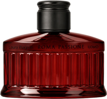 Roma Passione Uomo, ciemnoczerwona woda toaletowa, butelka z pionowymi żłobieniami i czarną zakrętką, widok z przodu.