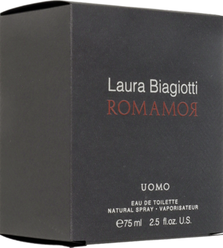 Męska woda toaletowa Laura Biagiotti ROMAMOR Uomo, 75 ml, w matowym czarnym pudełku, widok pod kątem.