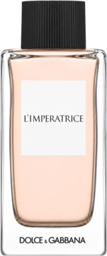 Dolce & Gabbana L'Imperatrice perfumy, szklana butelka z brzoskwiniowym płynem i czarną nakrętką, widok z przodu.