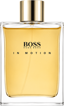 Hugo Boss In Motion woda toaletowa dla mężczyzn, prostokątna szklana butelka z bursztynowym płynem i złotym korkiem, widok z przodu.