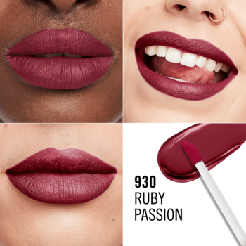 Rimmel Lasting Mega Matte 930 Ruby Passion, matowa pomadka. Trzy ujęcia ust, aplikator z płynnym burgundem.