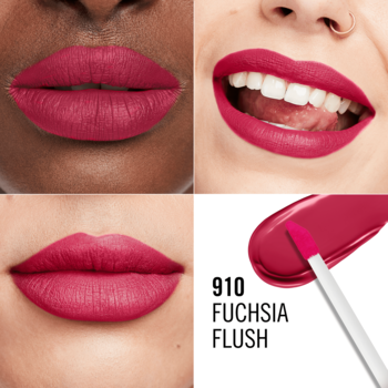 Rimmel Lasting Mega Matte 910 Fuchsia Flush: matowa pomadka w płynie na ustach modelek i swatch.