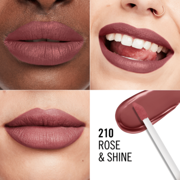 Rimmel Lasting Mega Matte pomadka w płynie 210 Rose & Shine. Matowy róż na ustach i swatch z aplikatorem.