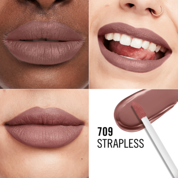 Cztery panele: matowa pomadka Rimmel Lasting Mega Matte 709 Strapless na ustach i swatched aplikator.