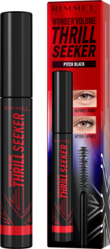 Tusz Rimmel Wonder Volume Thrill Seeker Pitch Black w czarnej tubie i czerwonym pudełku, widok z przodu.