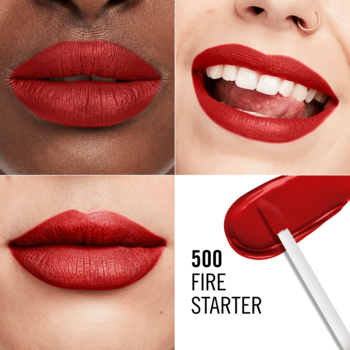 Rimmel Lasting Mega Matte pomadka 500 Fire Starter. Kolaż z ustami w intensywnym, matowym czerwonym odcieniu i aplikatorem.
