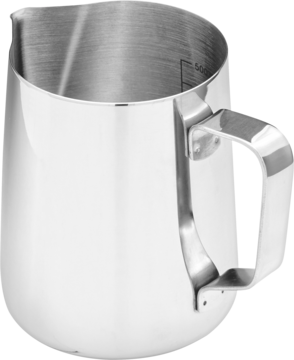 Srebrny dzbanek do spieniania mleka 500ml, ze stali nierdzewnej, z uchwytem, widok z przodu pod lekkim kątem.