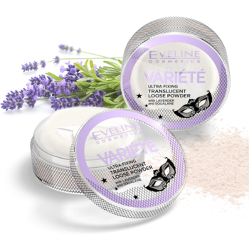 Dwa słoiczki Eveline Variété Ultra-Fixing Translucent Loose Powder, lawenda i rozsypany puder.