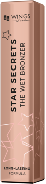 Rose-gold opakowanie bronzera Wings Star Secrets The Wet Bronzer, widok z przodu i z boku, gwiazdki.