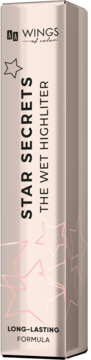 Pionowe, różowozłote opakowanie Star Secrets The Wet Highlighter z gwiazdami i napisem LONG-LASTING FORMULA.