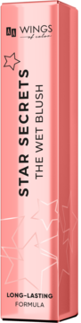 Opakowanie różu Star Secrets The Wet Blush, pionowe różowe pudełko z gwiazdkami, długotrwała formuła.