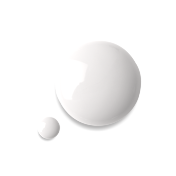 Dwie białe, błyszczące krople lakieru do paznokci, z fitokeratyną i olejkiem arganowym, na białym tle.