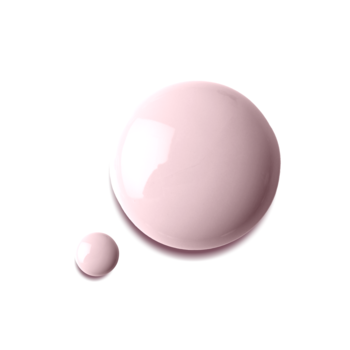 Dwie lśniące, jasnoróżowe krople lakieru do paznokci z fitokeratyną na białym tle, jedna większa, druga mniejsza.