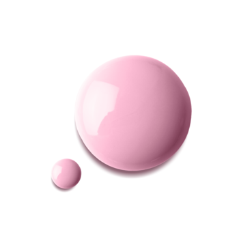 Dwie błyszczące krople różowego lakieru do paznokci z fitokeratyną, duża i mała, na białym tle.