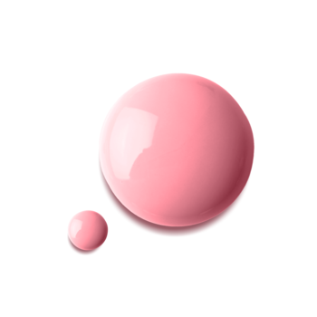 Dwie lśniące krople jasnoróżowego lakieru do paznokci z fitokeratyną, większa i mniejsza, na białym tle.