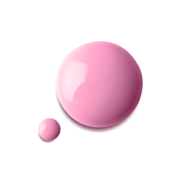 Dwie jasnoróżowe, lśniące krople lakieru do paznokci z fitokeratyną, większa i mniejsza, na białym tle.