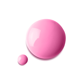 Dwie lśniące, zaokrąglone krople różowego lakieru do paznokci, jedna duża i jedna mała, na białym tle.