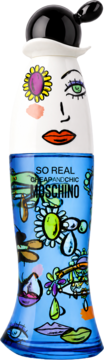 Moschino Cheap and Chic So Real woda toaletowa. Biało-niebieski flakon z twarzą i kolorowym pop-artowym wzorem.