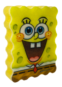 Żółta gąbka kąpielowa Spongebob, duży rozmiar, z uśmiechniętą twarzą i krawatem, widok frontalny.
