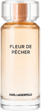 Woda perfumowana Karl Lagerfeld Fleur De Pêcher, butelka z brzoskwiniowym płynem, przezroczysty korek, przód.