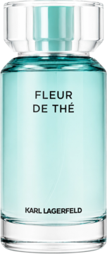 Damska woda perfumowana Karl Lagerfeld Fleur De The, szklana butelka z turkusowym płynem, widok z przodu.
