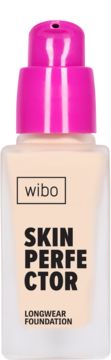 Wibo Skin Perfector Longwear Foundation w szklanej butelce z jasnoróżową pompką, widok z przodu.