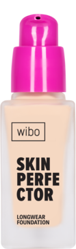 Wibo Skin Perfector, długotrwały podkład w szklanej butelce z intensywnie różową pompką, widok z przodu.