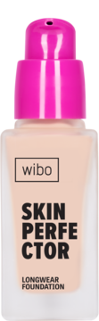 Wibo Skin Perfector Longwear Foundation w szklanej butelce z beżowym płynem i różową pompką, widok z przodu.