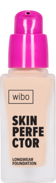 Wibo Skin Perfector, beżowy podkład longwear w przezroczystej butelce z różową pompką, widok z przodu.