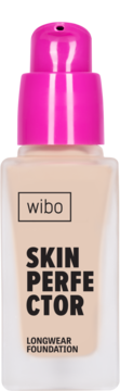 wibo Skin Perfector Longwear Foundation, beżowy podkład w szklanej butelce z intensywnie różową pompką, widok z przodu.