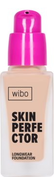 Wibo Skin Perfector longwear foundation w przezroczystej butelce z jasnym podkładem i różową pompką.